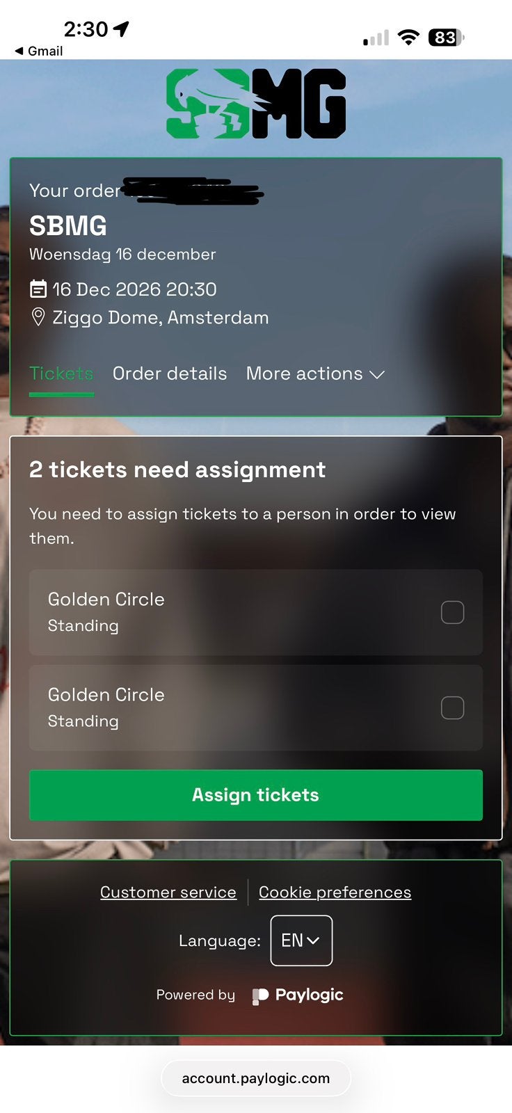 2X SBMG 16-12-26 Golden Circle Tickets, Twee personen, November