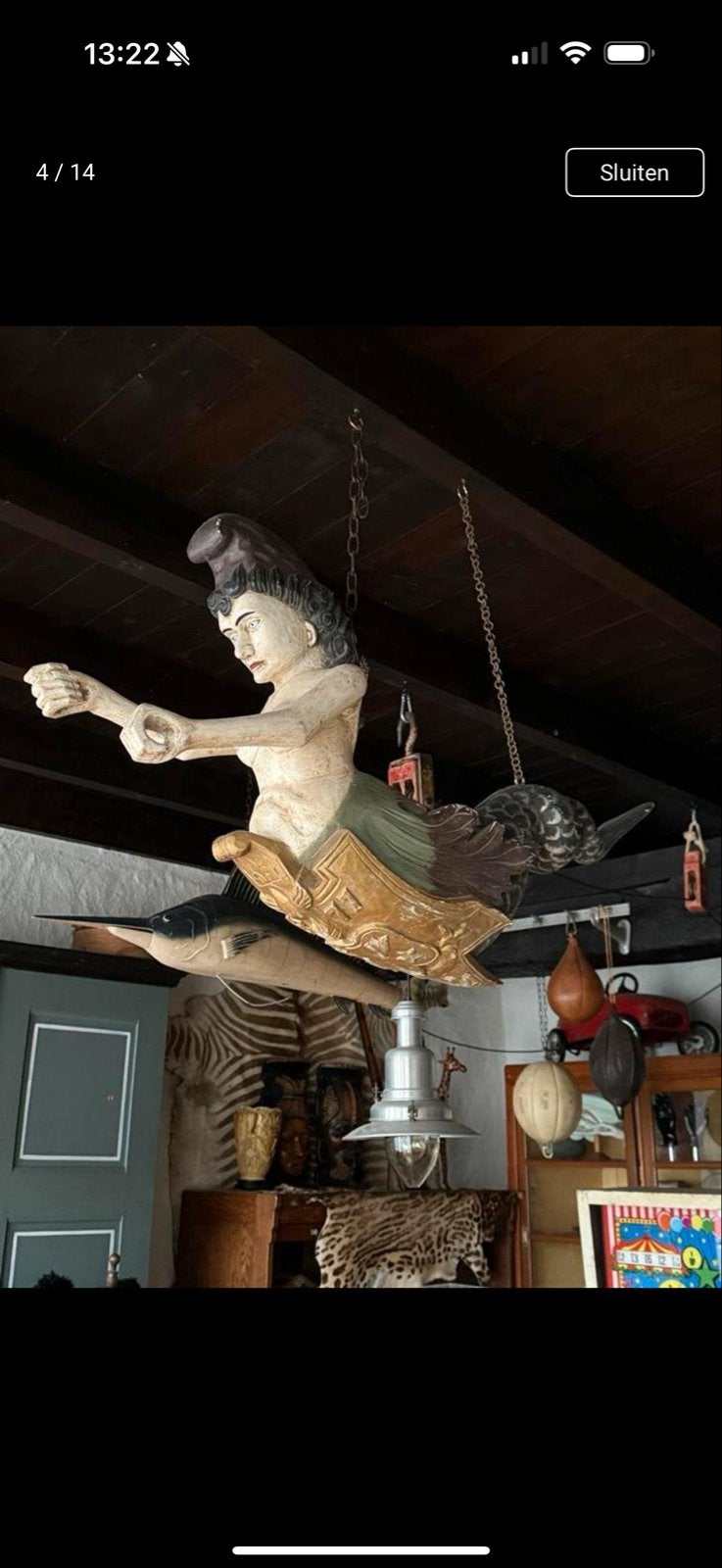 Antiek Houten Kermis Ornament - Sierlijke Zeemeermin, Ophalen