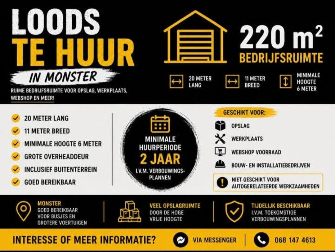 Ruime bedrijfsloods te huur in Monster (220 m²), Huur, Opslag of Loods