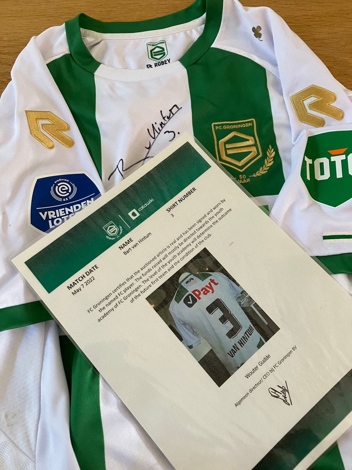 FC Groningen matchworn jubileum shirt met Certificaat, Maat L, Ophalen of Verzenden, Zo goed als nieuw, Shirt