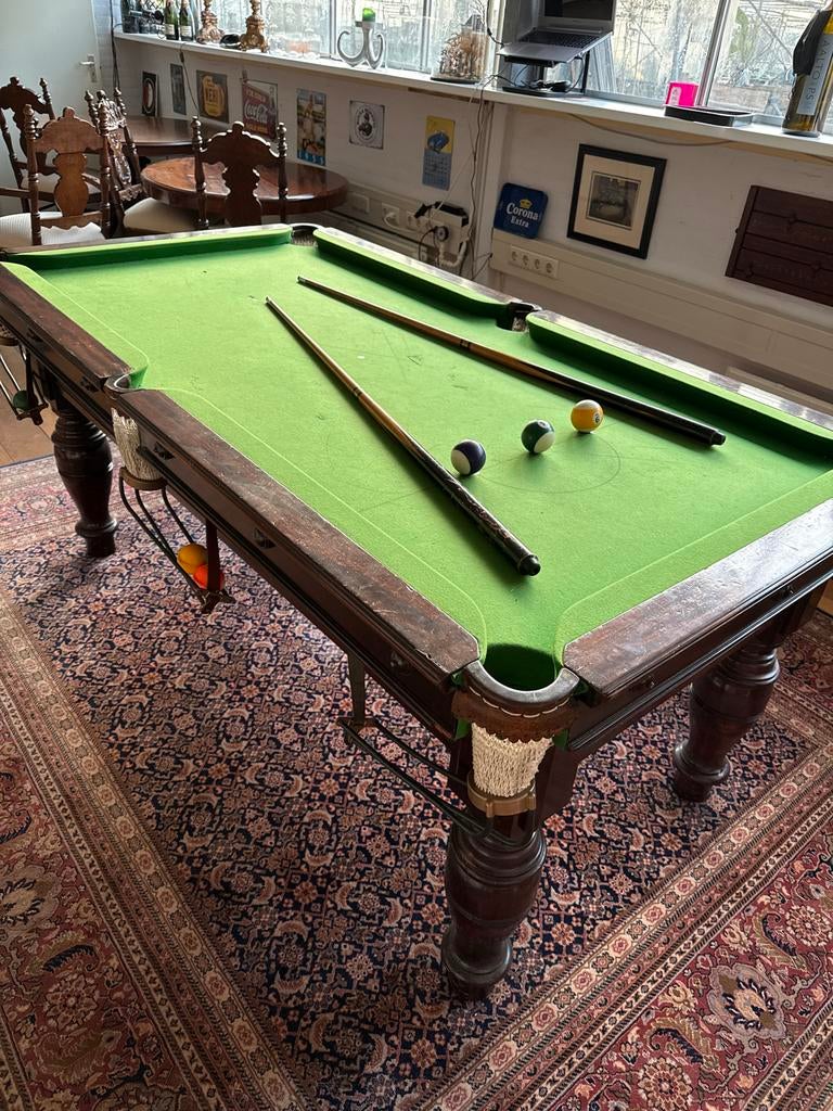 Antiek Burroughs & Watts Snooker/Poolbiljart met leisteen, Sport en Fitness, Biljarten en Poolen, Ophalen, Gebruikt, Snookertafel