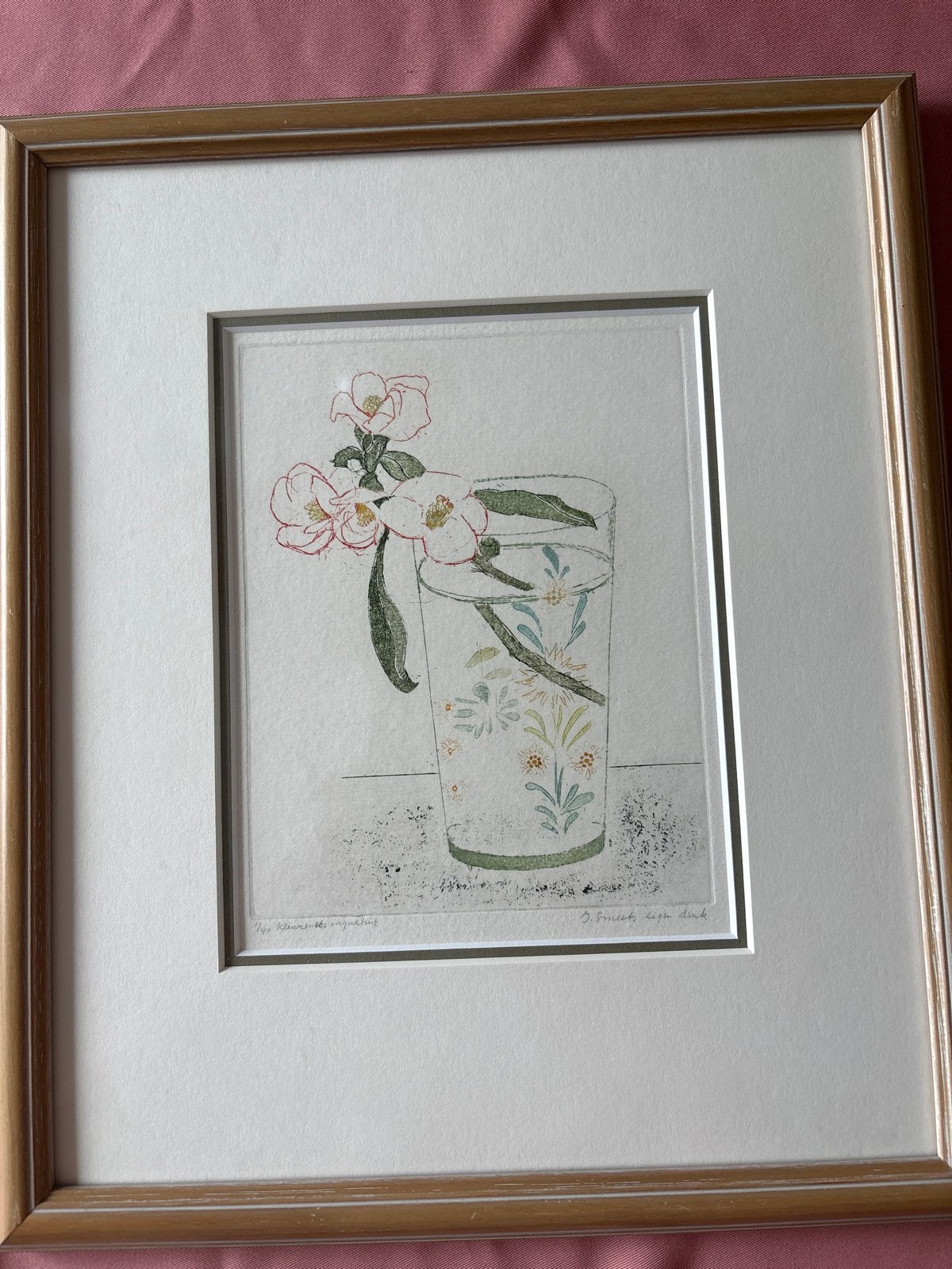 Originele Kleurets Ineke Smeets – Bloesem in glas, Ophalen, 1950 - 1999, Ets, Flora en Fauna
