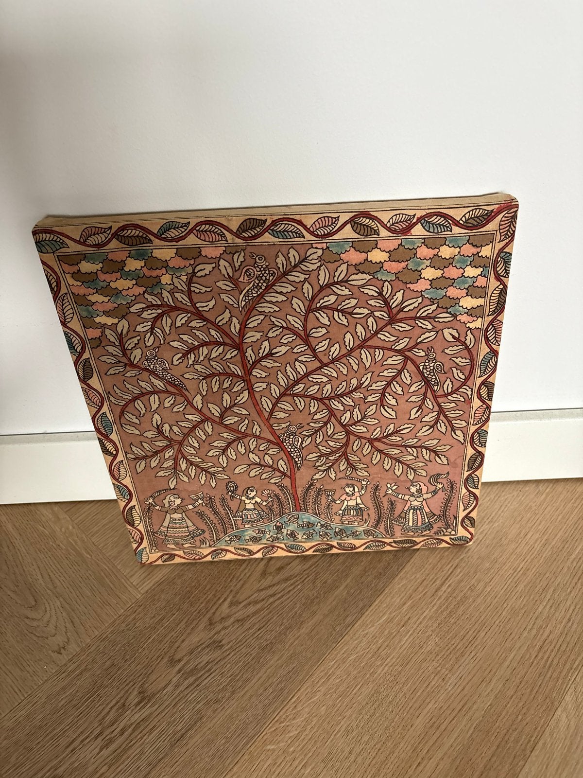 Prachtig Madhubani schilderij op doek - Levensboom, Ophalen, Bruin, India, Geschilderd