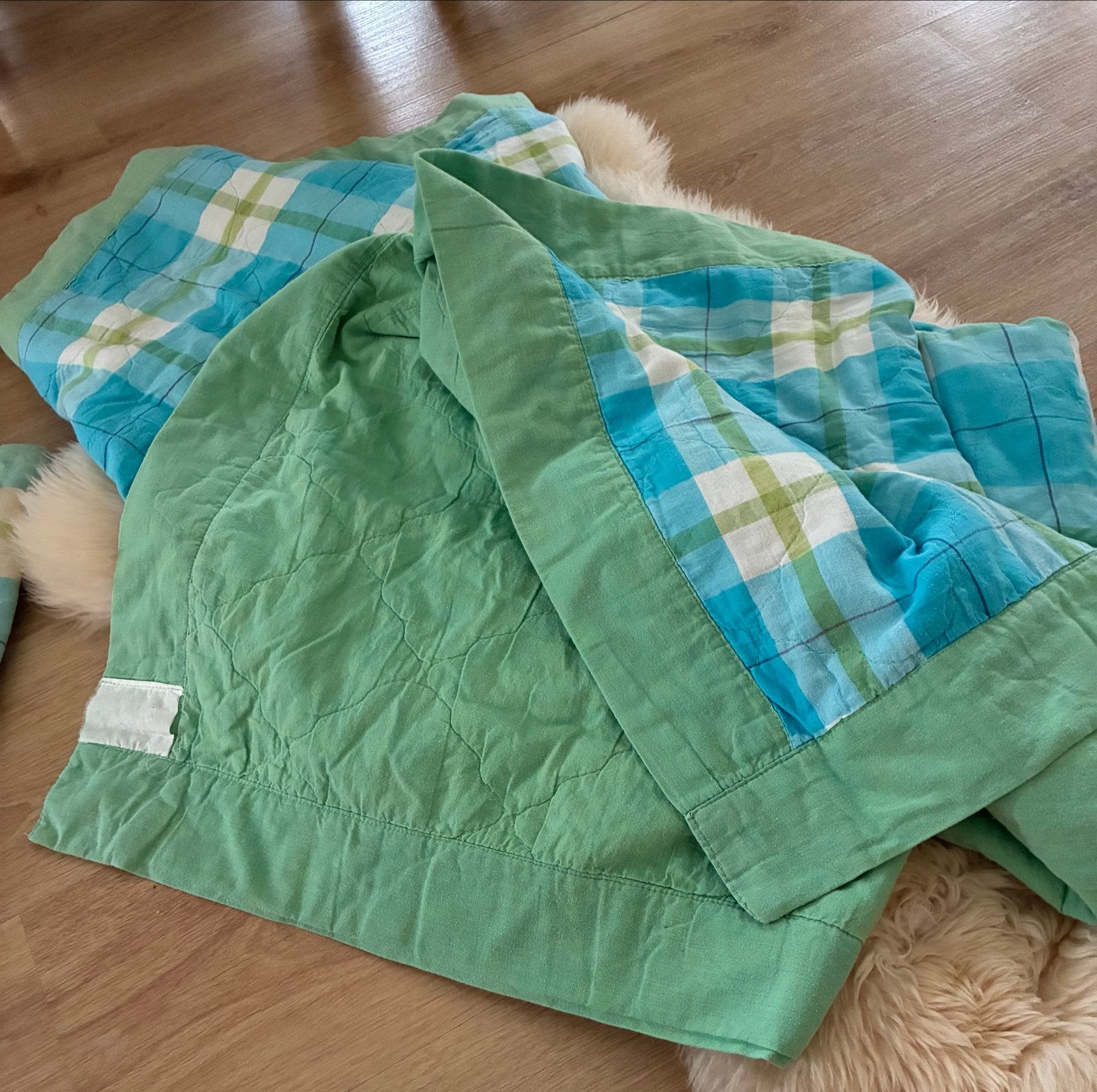 Groen/blauw geruite plaid/deken met tas, Verzenden, Gebruikt