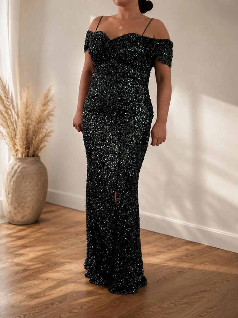 Elegante glitter galajurk / avondjurk met split – luxe look, Kleding | Dames, Ophalen of Verzenden, Zo goed als nieuw, Zwart, Galajurk