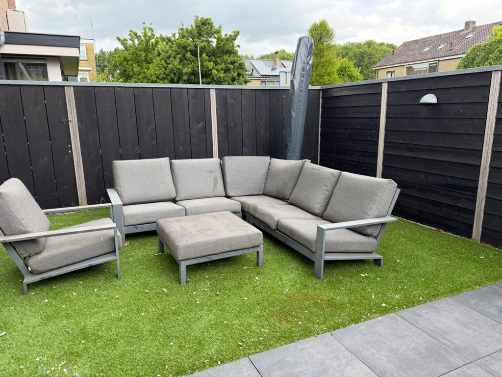 Loungebank met fauteuil en hocker - Grijs aluminium, Tuin en Terras, Ophalen, 5 zitplaatsen, Gebruikt, Aluminium