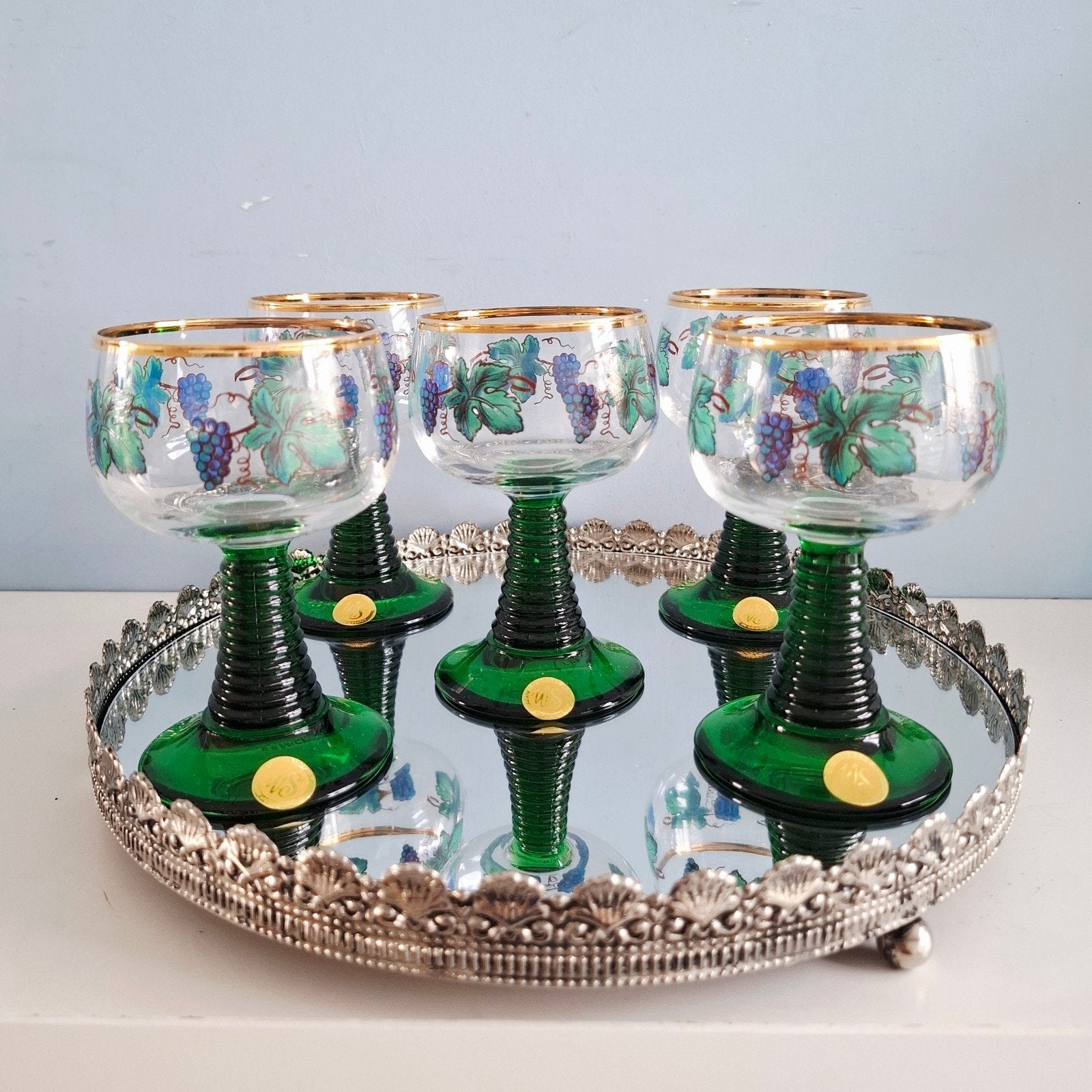 WS Germany, 5 Roemer glazen met groene voet en druivendecor, Antiek en Kunst, Antiek | Glas en Kristal, Ophalen of Verzenden