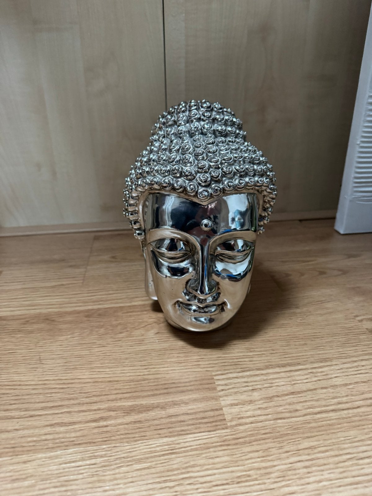 Zilverkleurige Boeddha Hoofd Decoratie, Ophalen of Verzenden, Zo goed als nieuw, Metaal, Zilver