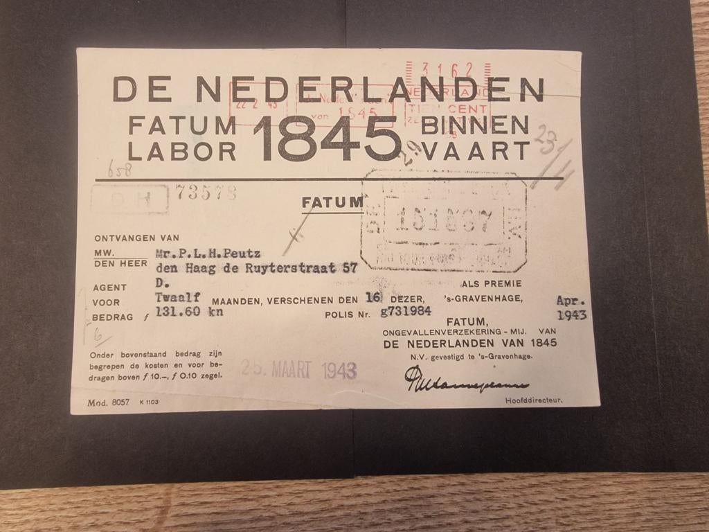 1943 Bevestiging premie Ongevallenverzekering  Binnenvaart, Verzamelen, Ophalen of Verzenden, 1940 tot 1960, Tijdschrift