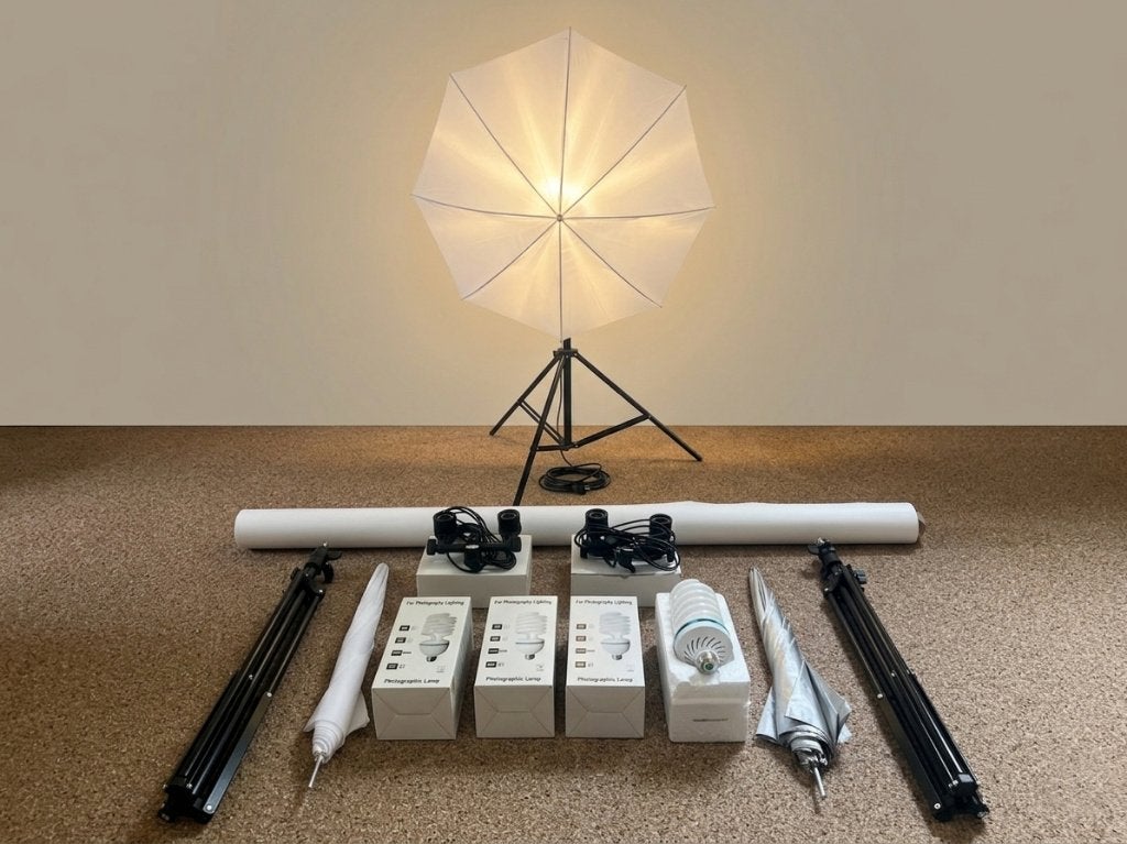 Fotostudio Verlichtingsset – 2 Statieven, Paraplu's & Lampen, Ophalen, Gebruikt, Complete fotostudio
