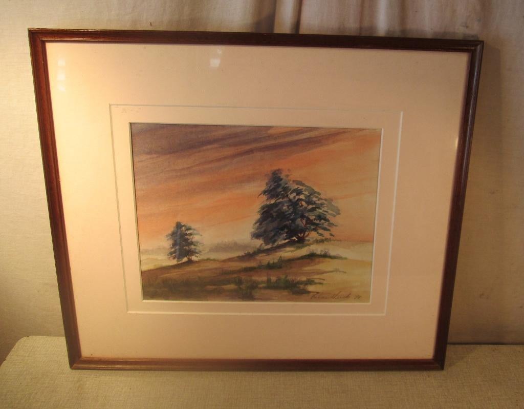 Mooi Geschilderd Aqaurel 'Bomen op Heuvel' - gesigneerd, Ophalen of Verzenden