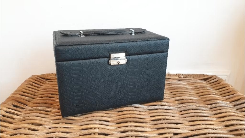 Sieradendoos Beautycase Leer Zwart met Lichtroze Roze, Met slot, Ophalen of Verzenden, Zo goed als nieuw, Roze