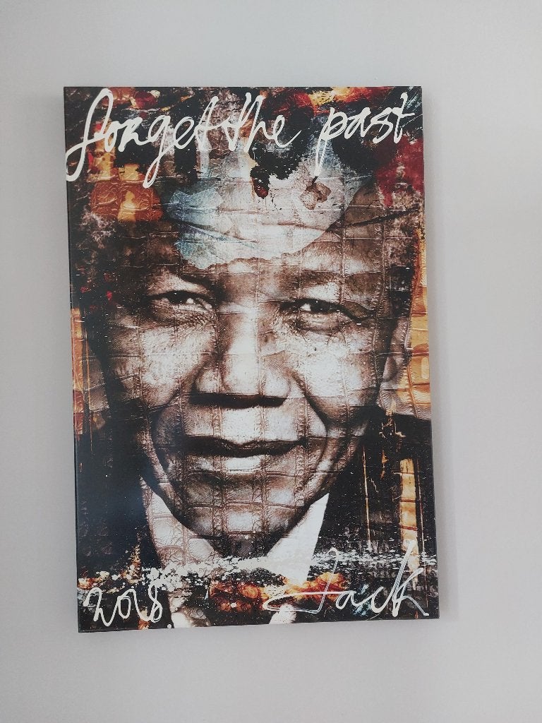 Modern Portret van Nelson Mandela - 'Forget the Past', Ophalen, Hout, Gemengde techniek, Op houten frame