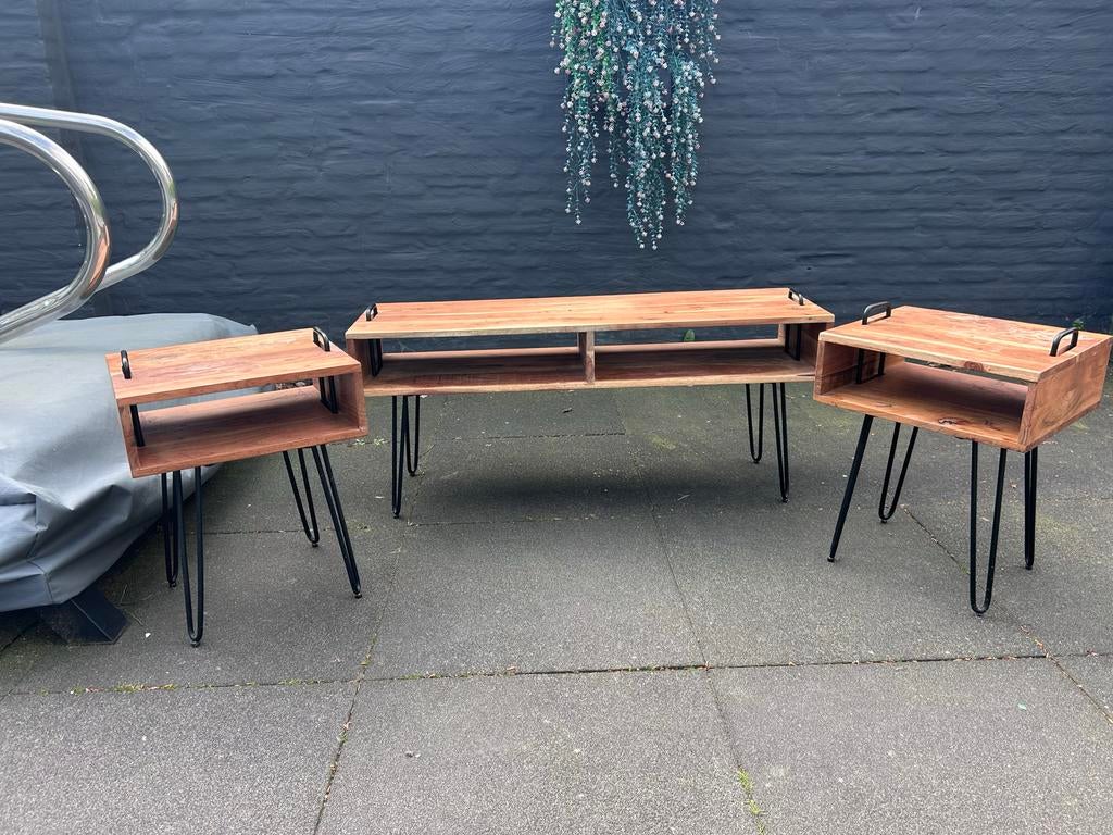 Houten TV-meubel met nachtkastjes - Industrieel design, Ophalen, 55 tot 70 cm, Hout, 65 cm of meer