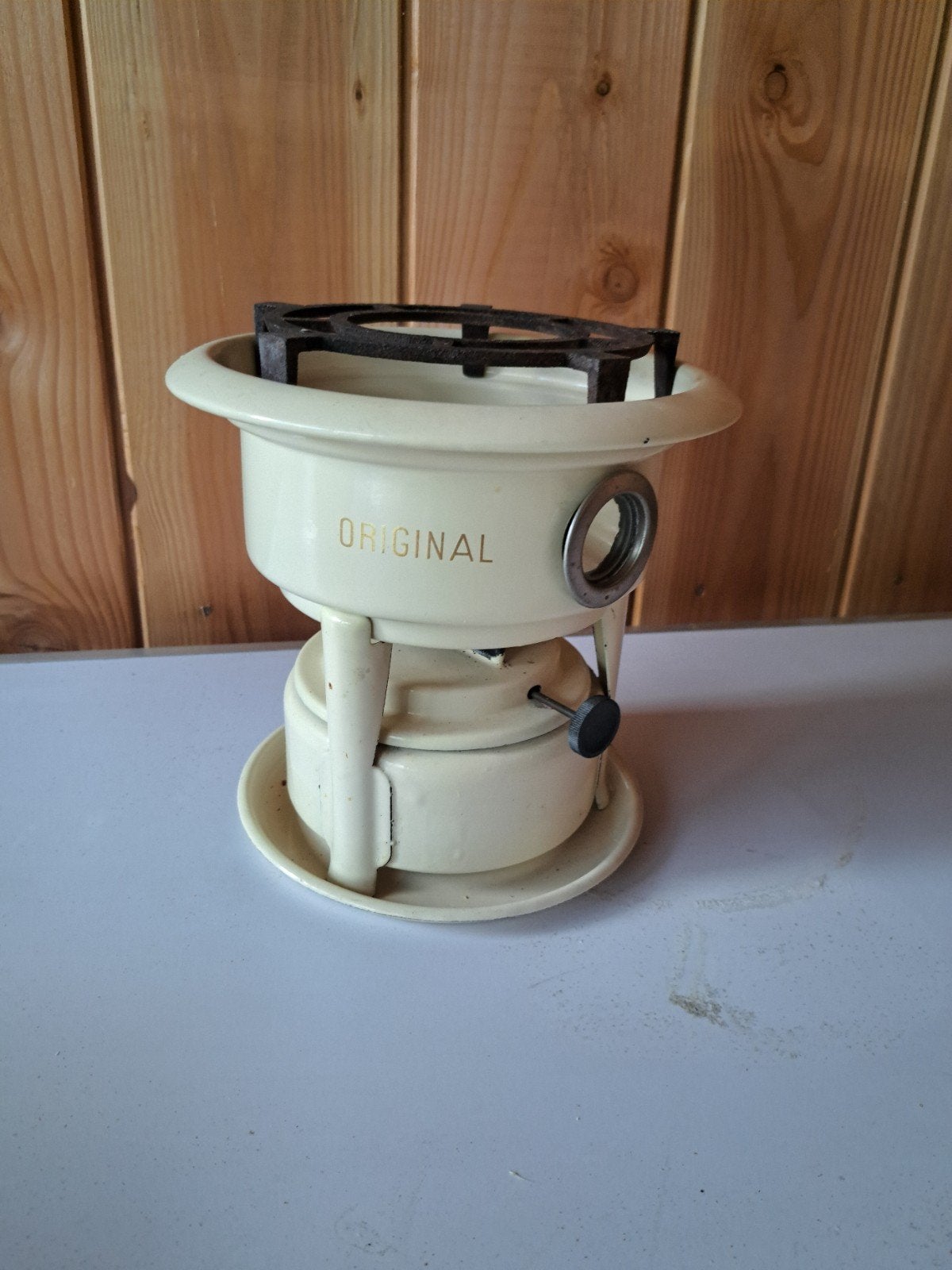 Vintage petroleumstel, crème-kleurig emaille 1-pits, Antiek en Kunst, Antiek | Emaille, Ophalen of Verzenden