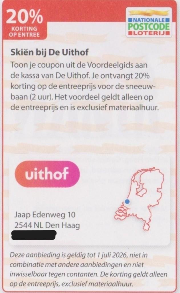 Skiën bij De Uithof. 20% korting Postcodeloterij kortingsbon, Tickets en Kaartjes, Drie personen of meer, Kortingskaart