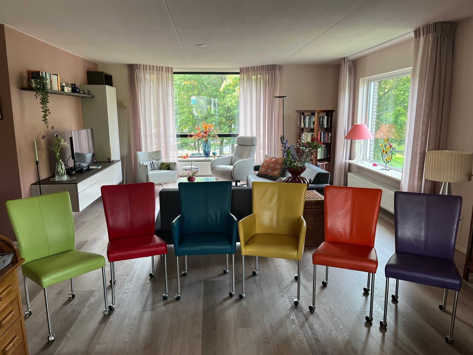Set van 6 eetkamerstoelen, leren bekleding en op wieltjes, Ophalen, Gebruikt, Overige kleuren, Leer