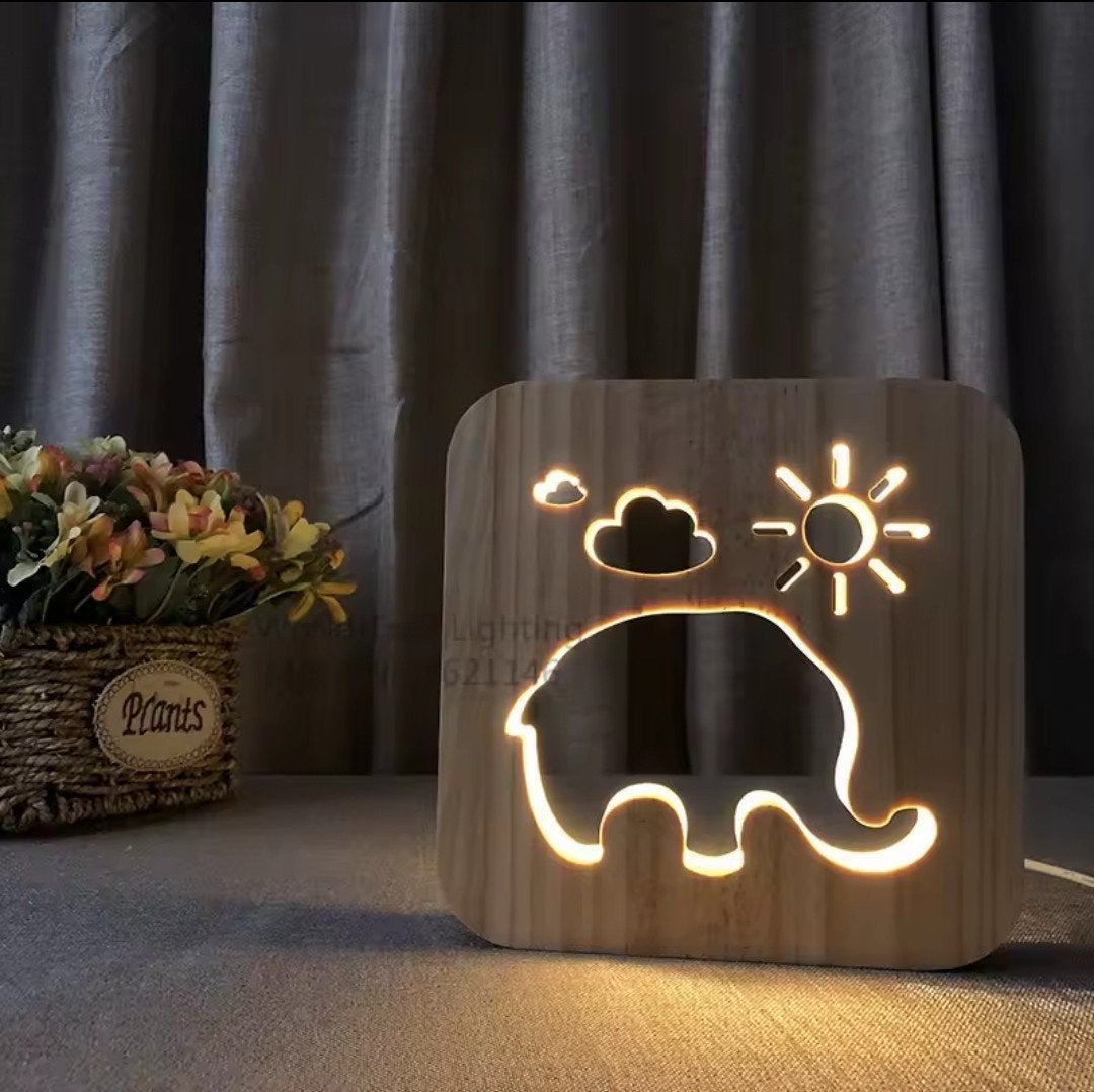 Nachtlampje dieren, olifant, giraffe, leeuw, dolfijn of dino, Ophalen of Verzenden, Nieuw, Hout