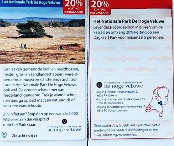 Het Nationale Park De Hoge Veluwe 20% korting, Drie personen of meer, Kortingsbon
