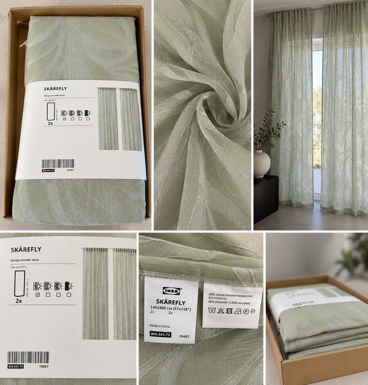 IKEA SKÄREFLY Vitrage/Gordijnen Groen – 2 stuks – Nieuw, Vitrage, Nieuw, Ophalen of Verzenden, Lichtdoorlatend