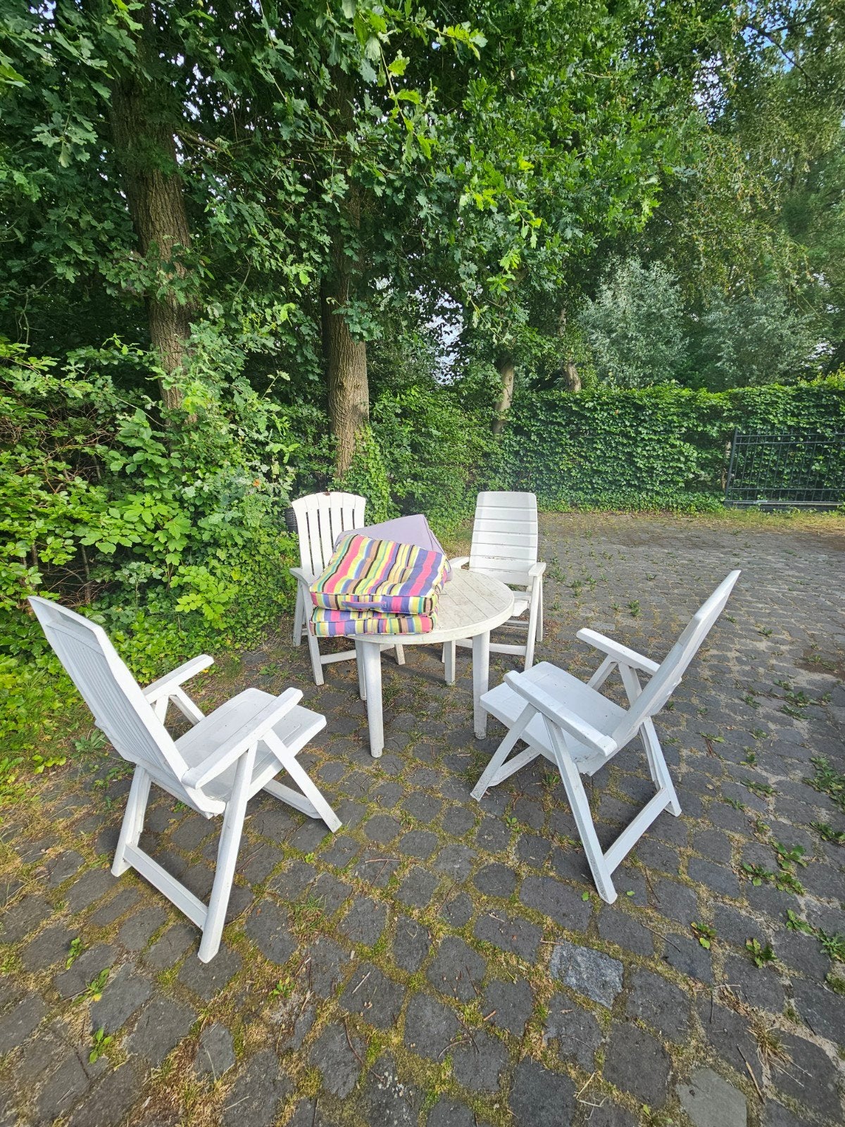 Tuinset met gratis kussens (excl. vlinder), Ophalen, 4 zitplaatsen, Kunststof, Gebruikt