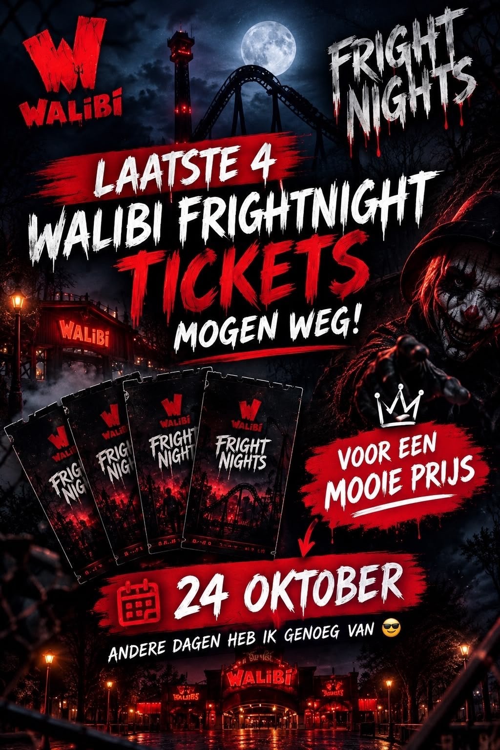 Walibi fright night tickets 24 okt, Drie personen of meer