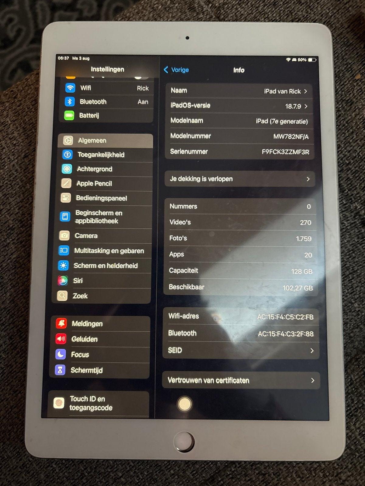 Witte Apple iPad (7e generatie) 128 GB Wi-Fi, Computers en Software, Apple iPads, Wit, 128 GB, Wi-Fi, Verzenden