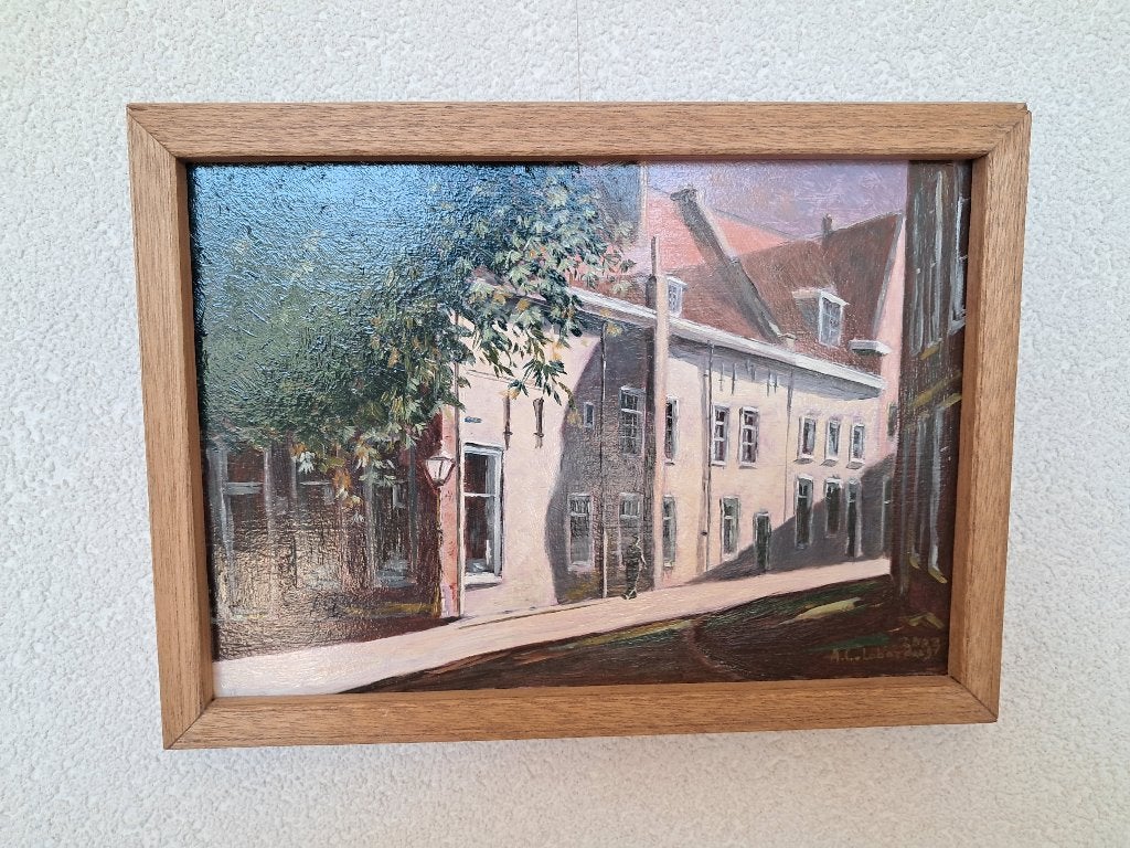 Schilderij van de Kloksteeg in Leiden, Ophalen, Paneel, Realistisch, Gedateerd