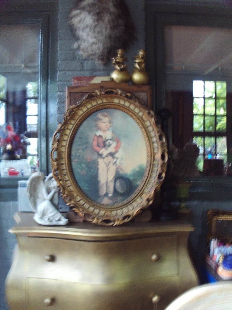 Ovaal Brocante Schilderij/Print met Jongen en Hond, Ophalen