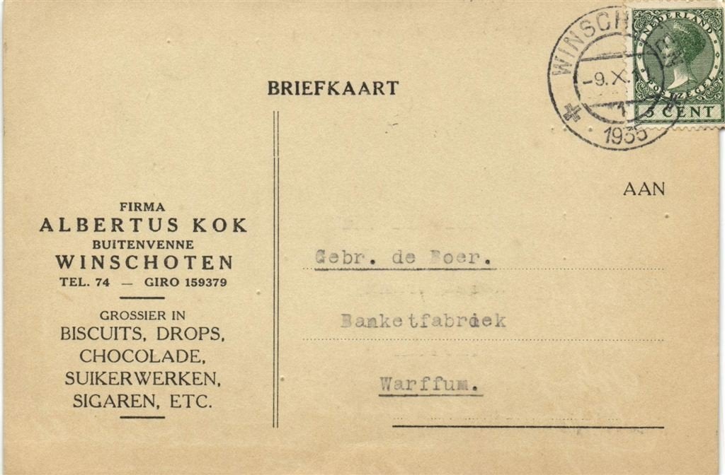 Firma Albertus Kok, Winschoten - 10.1935 - briefkaart, Ophalen of Verzenden, Briefkaart