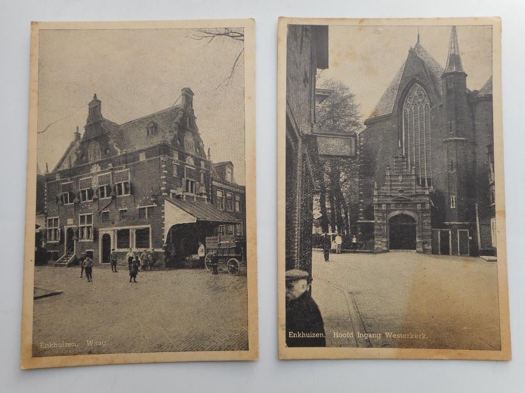 2 x antieke ansichtkaart enkhuizen. Westerkerk en de waag., Ophalen, 1940 tot 1960, Ongelopen, Noord-Holland