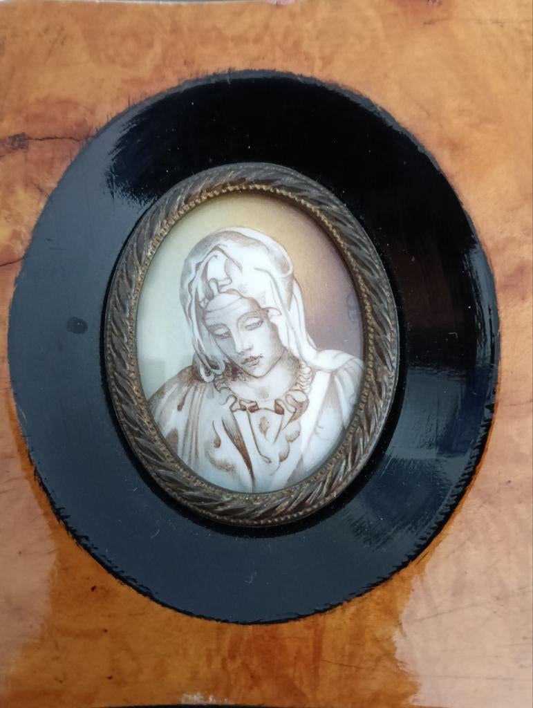 Antiek portretje van Maria in lijstje, Ophalen of Verzenden