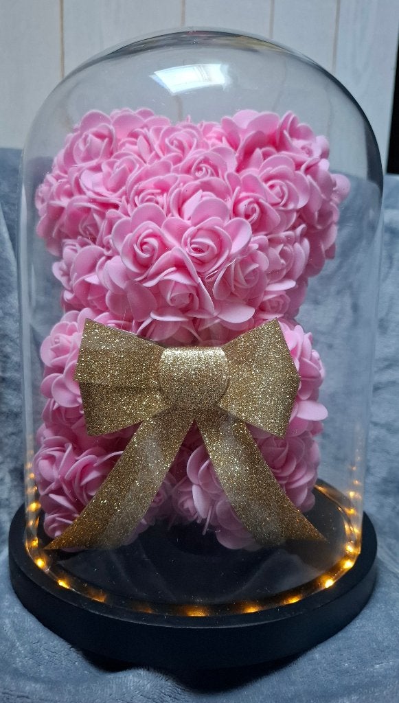 Grote Rozen beer in glazen stolp met lichtjes, Ophalen, Glas, 63 cm, Inclusief decoratie