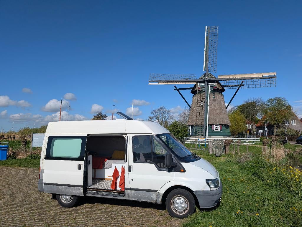 Ford Transit 2001 zelfbouw buscamper met stallingoptie, Reservewiel, Buscamper of Camperbus, Ford, Tot en met 2