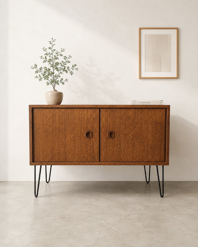 Vintage MDK teakhouten lowboard — België, jaren 60, Huis en Inrichting, Kasten | Televisiemeubels, Ophalen, 25 tot 50 cm, 50 tot 100 cm