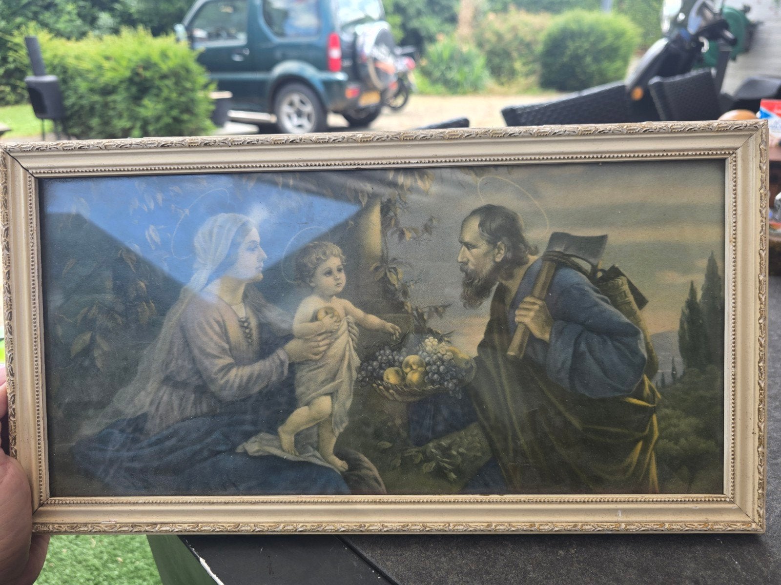 Vintage religieuze print: Heilige Familie met fruit (DOOS 1), Antiek en Kunst, Antiek | Religie, Ophalen of Verzenden
