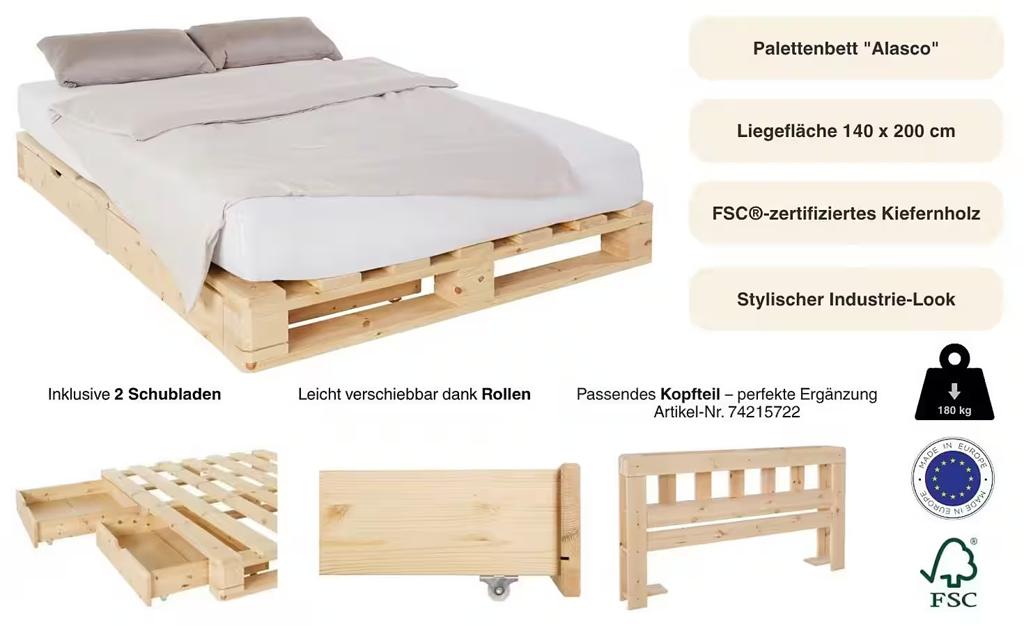 Palletbed 140x200 met matras en 2 lades (gedemonteerd), Ophalen, Gebruikt, Wit, Tweepersoons