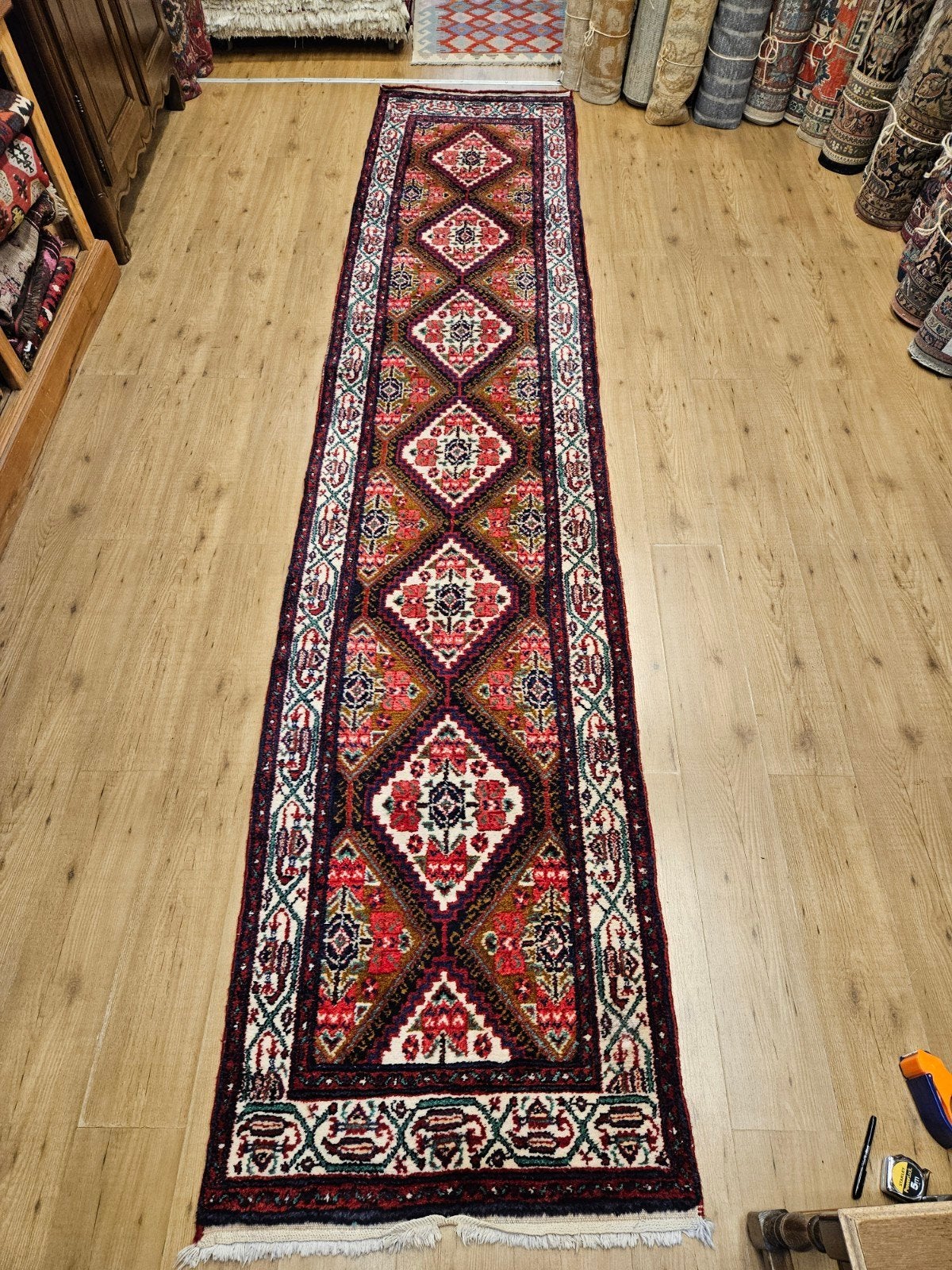 Vintage handgeknoopt perzisch tapijt loper hamadan 417x85, Huis en Inrichting, Stoffering | Tapijten en Kleden, Info@SlatsAntiek.nl