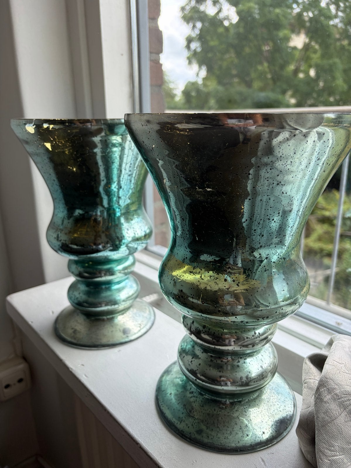 Set van 2 decoratieve vazen/windlichten, groen/goud, Antiek en Kunst, Antiek | Vazen, Ophalen