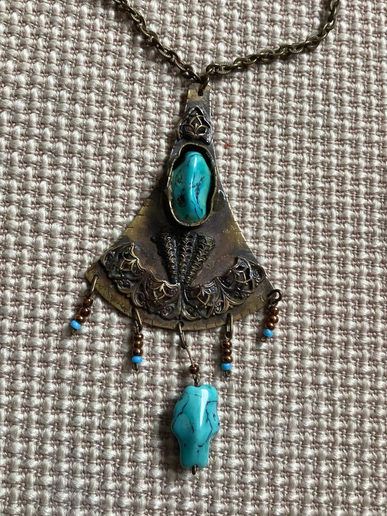 Oude vintage handgemaakte ketting met turquoise stenen, Gebruikt, Blauw, Ophalen of Verzenden, Steen of Mineraal