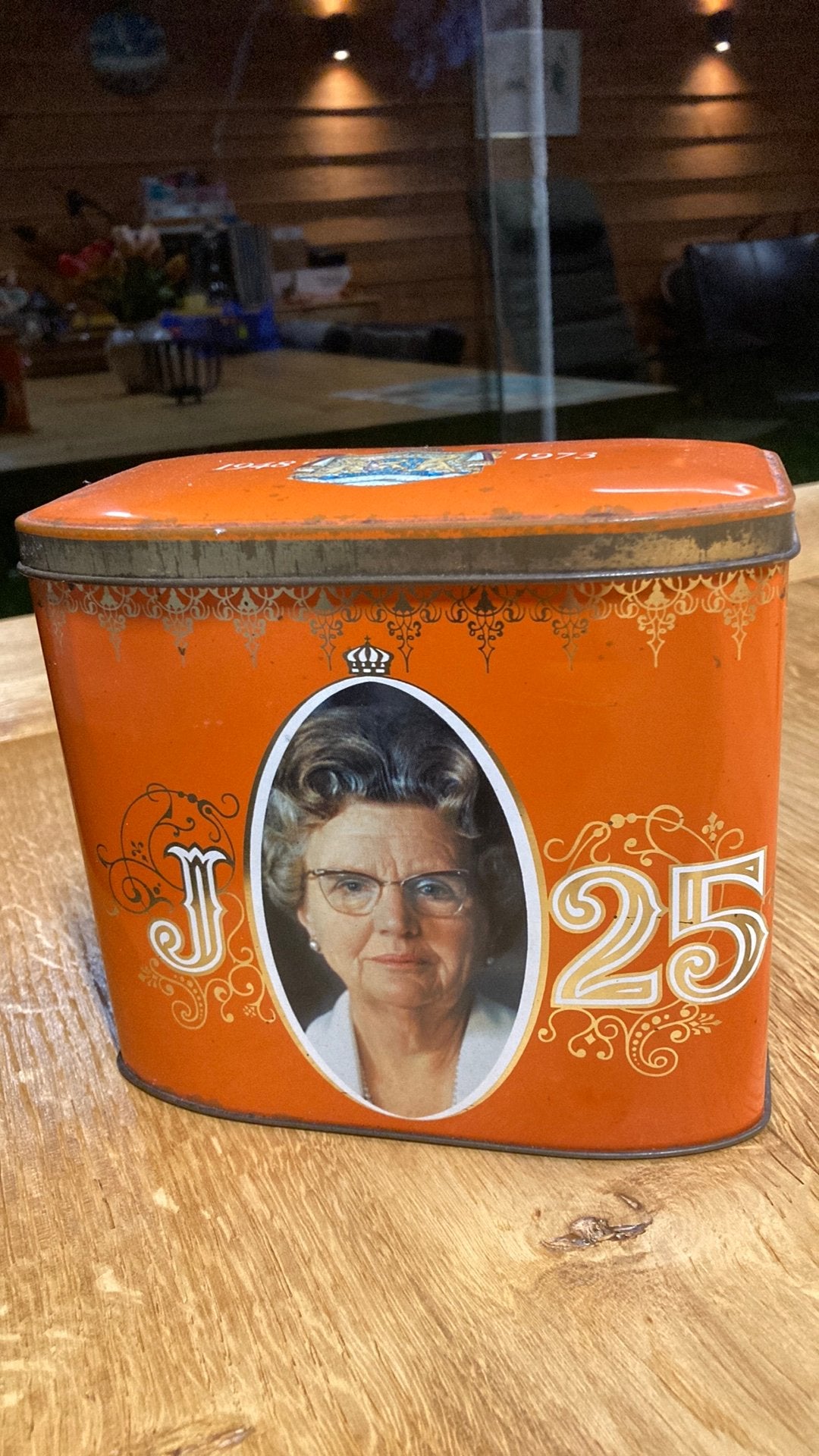 Vintage blikken trommel Juliana 25 jaar regeringsjubileum, Ophalen of Verzenden