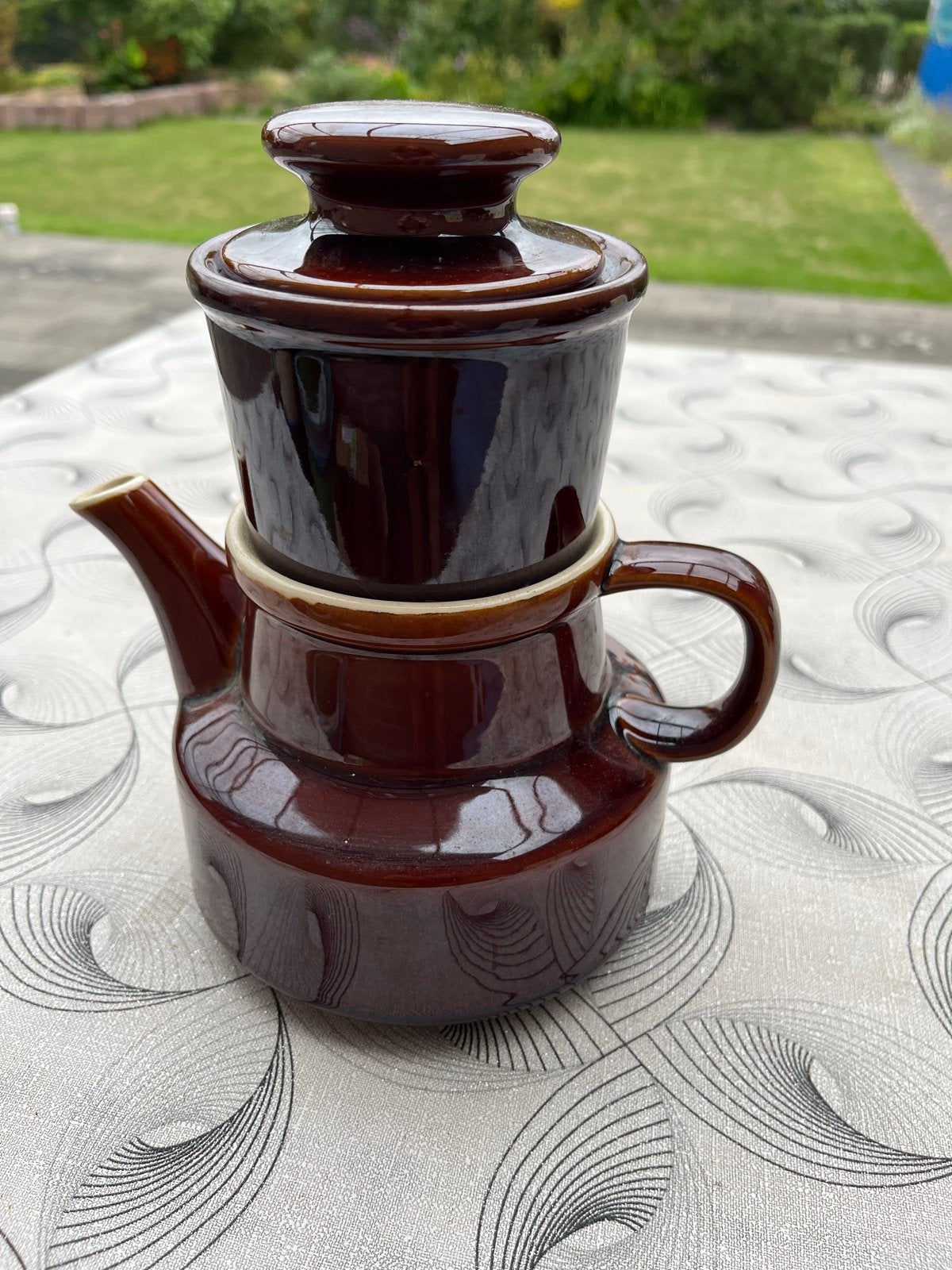 Vintage D.E. Koffiepot met filter - Bruin keramiek, Ophalen