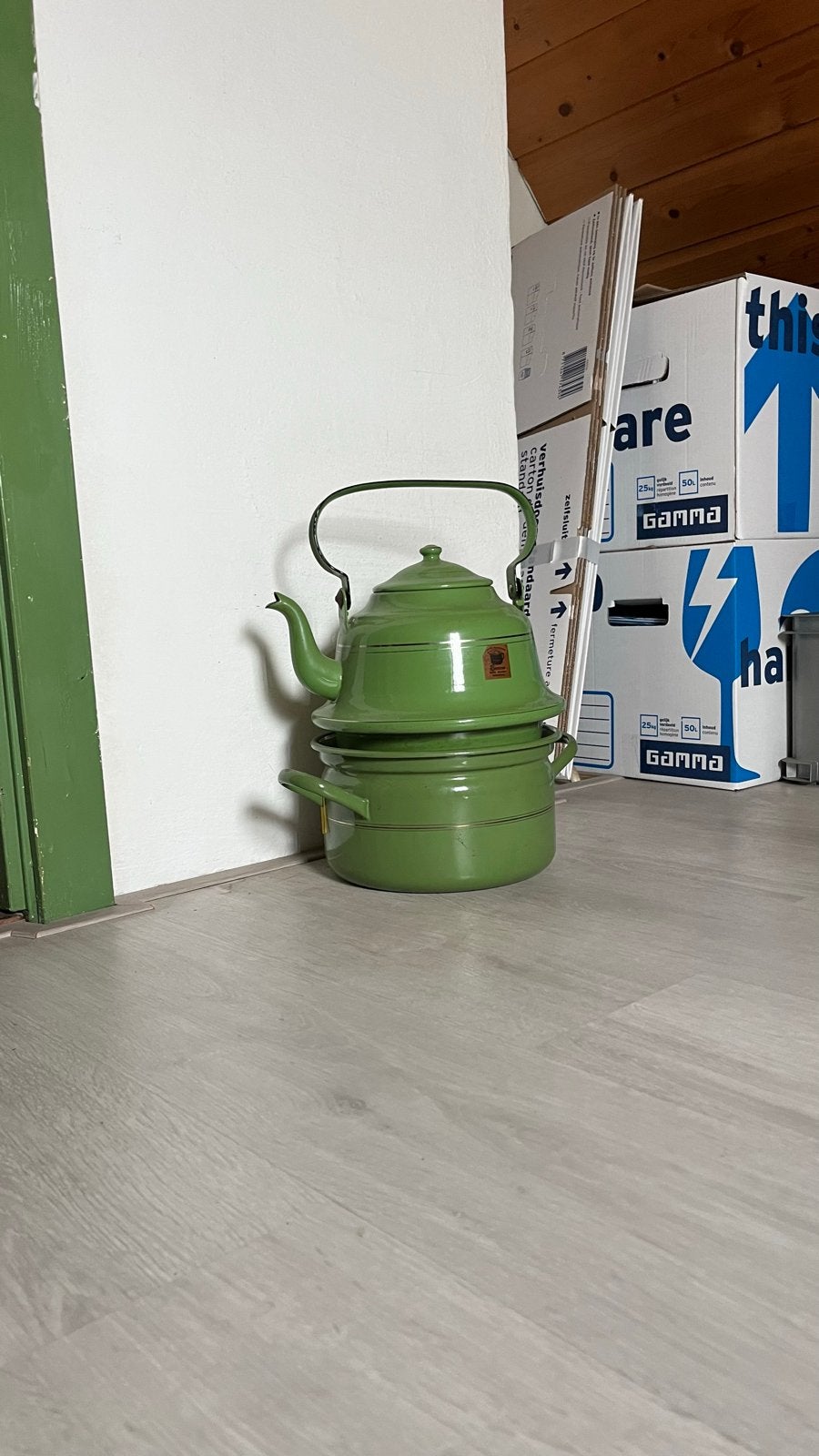 Vintage Groene Emaille Keukenset - Theepot, Koffiemolen, Pot, Ophalen
