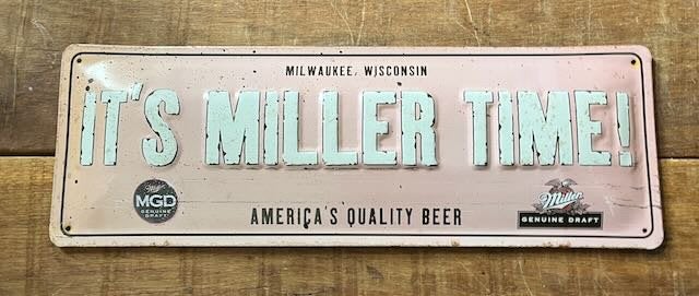 IT'S MILLER TIMER  - RECLAMEBORD 39X13,5, Ophalen of Verzenden, Reclamebord, Plaat of Schild, Overige merken