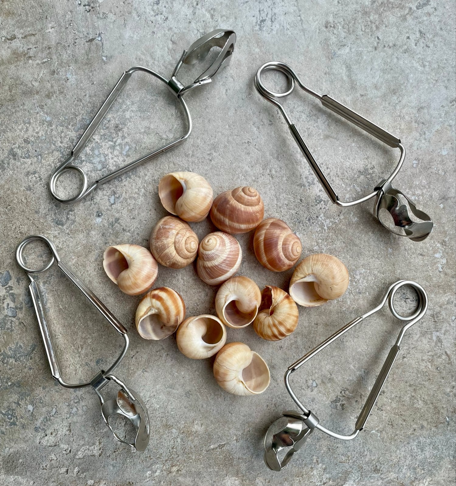 Set van 4 escargot/slakkentangen - roestvrij staal, Huis en Inrichting, Overige typen, Ophalen of Verzenden, Zo goed als nieuw