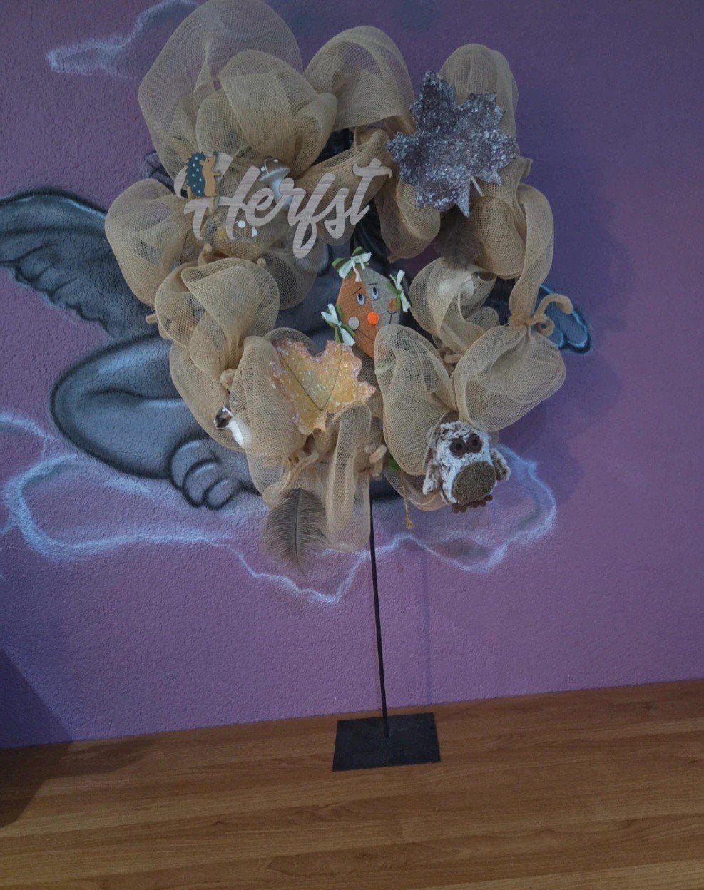Herfstkrans met LED-verlichting en decoraties, Gebruikt, Beige, Ophalen of Verzenden, Landelijk