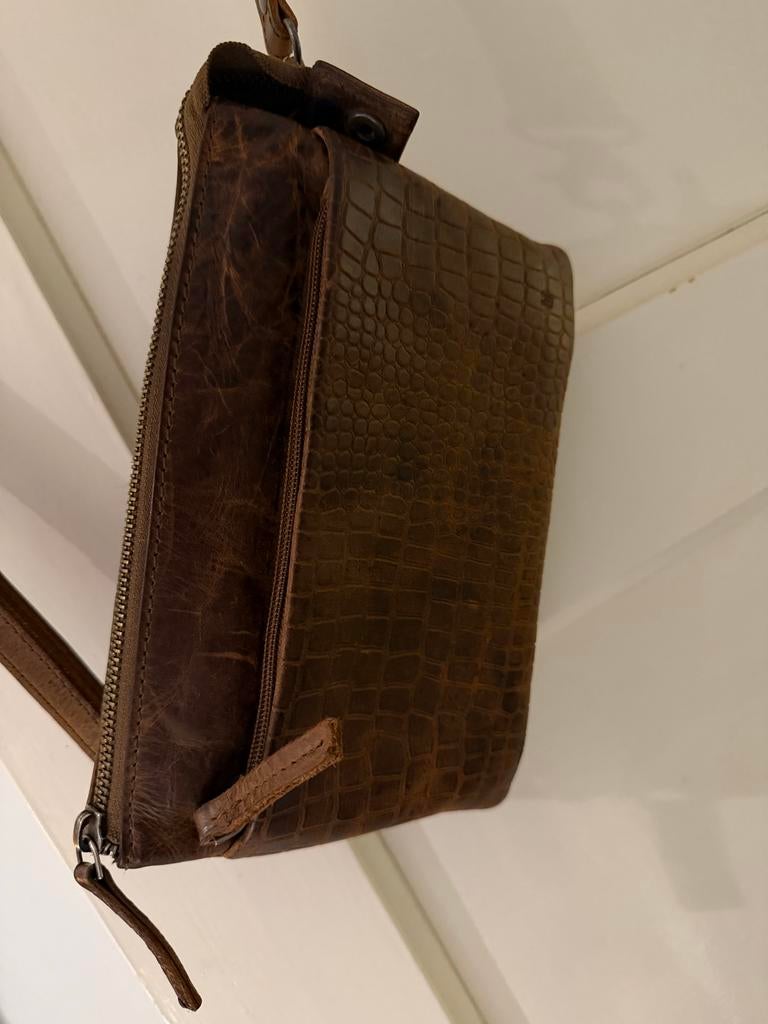 Echt lederen schoudertasje - Bruin met croco print, Overige merken, Bruin, Ophalen of Verzenden, Zo goed als nieuw