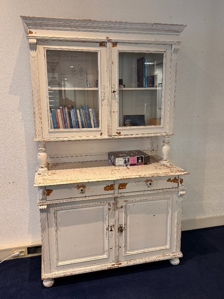 Brocante buffetkast wit-2 delen - 120x197x50 cm, Ophalen