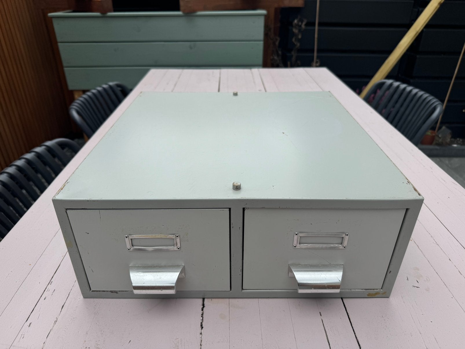 Vintage metalen kaartenbak/fichebak (2 lades) Industrieel, Ophalen