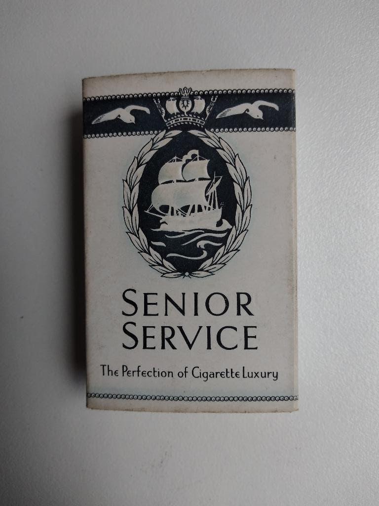 Vintage leeg pakje 10 sigaretten Senior Service Pattreiouex, Ophalen, Gebruikt, Tabaksdoos of Verpakking